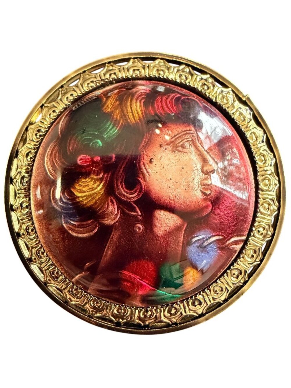 Vintage 1950s Reverse Carved Lucite Renaissance Lady Brooch New Old Stock